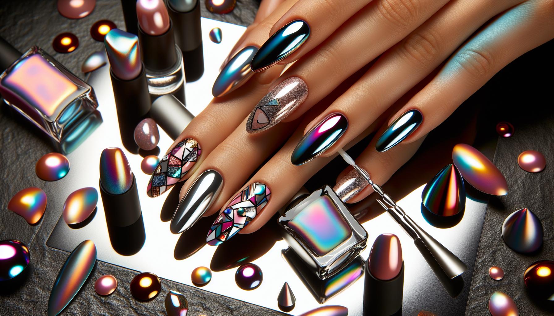Modern Chrome Nails with Iridescent⁤ finishes and Playful ‌Geometric Shapes for ⁣Cutting-Edge Glam