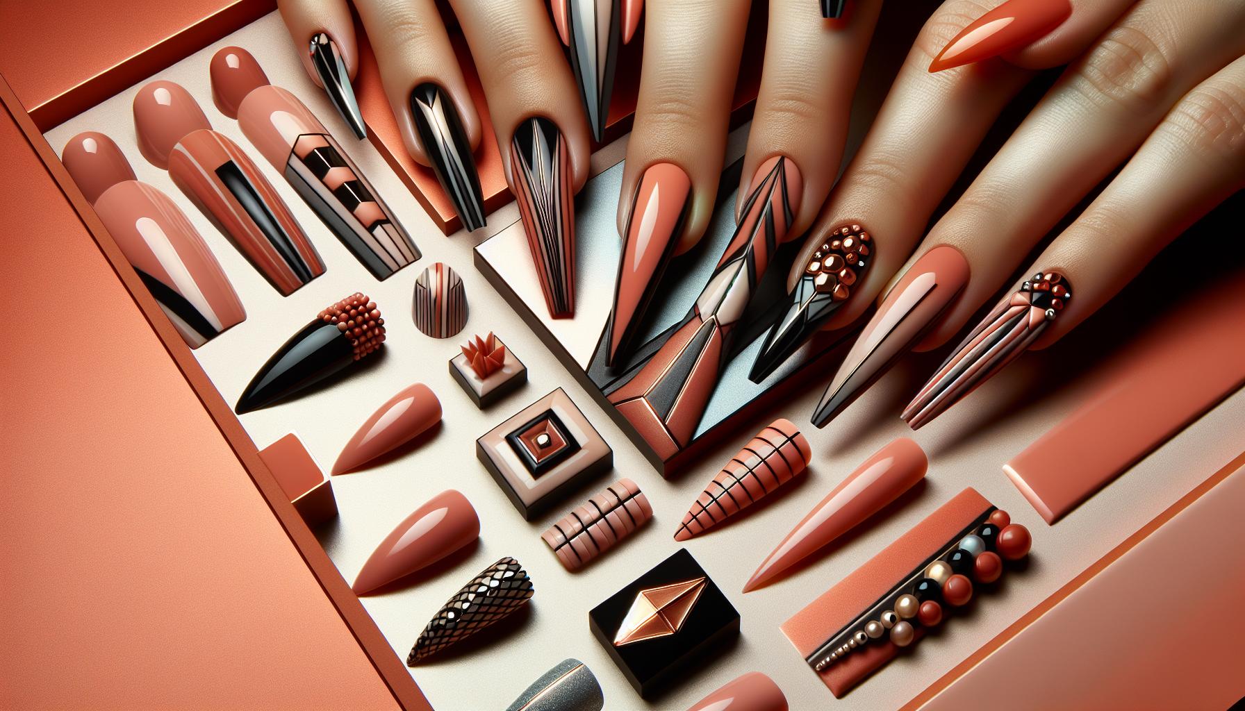 Modern geometric Coral Nail⁤ Art with Sharp Lines and Bold Contrasts to⁣ Inspire Creativity