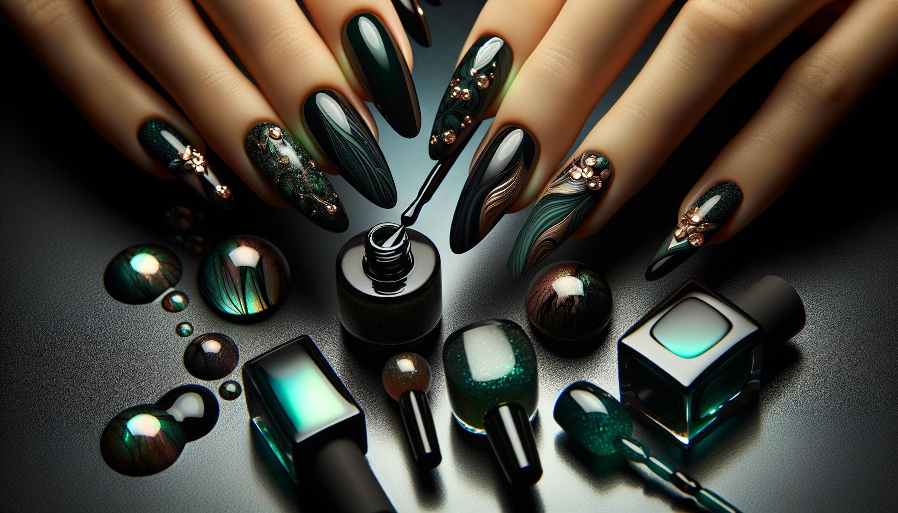 Mystical Dark Green Abstract Patterns on Glossy Black Canvas