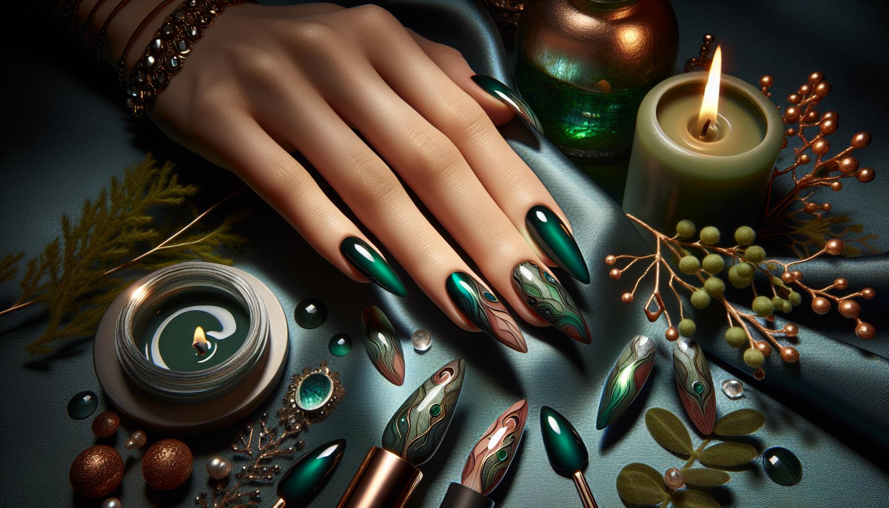 Mystical ⁣Forest Green Abstract Art on Almond-Shaped Nail Tips