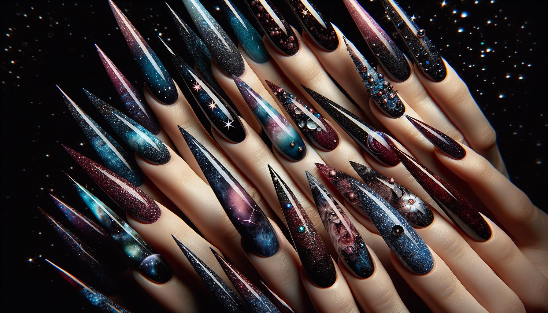 mystical Galaxy-Inspired Stiletto Shapes with Starry Glitter and Deep Hues