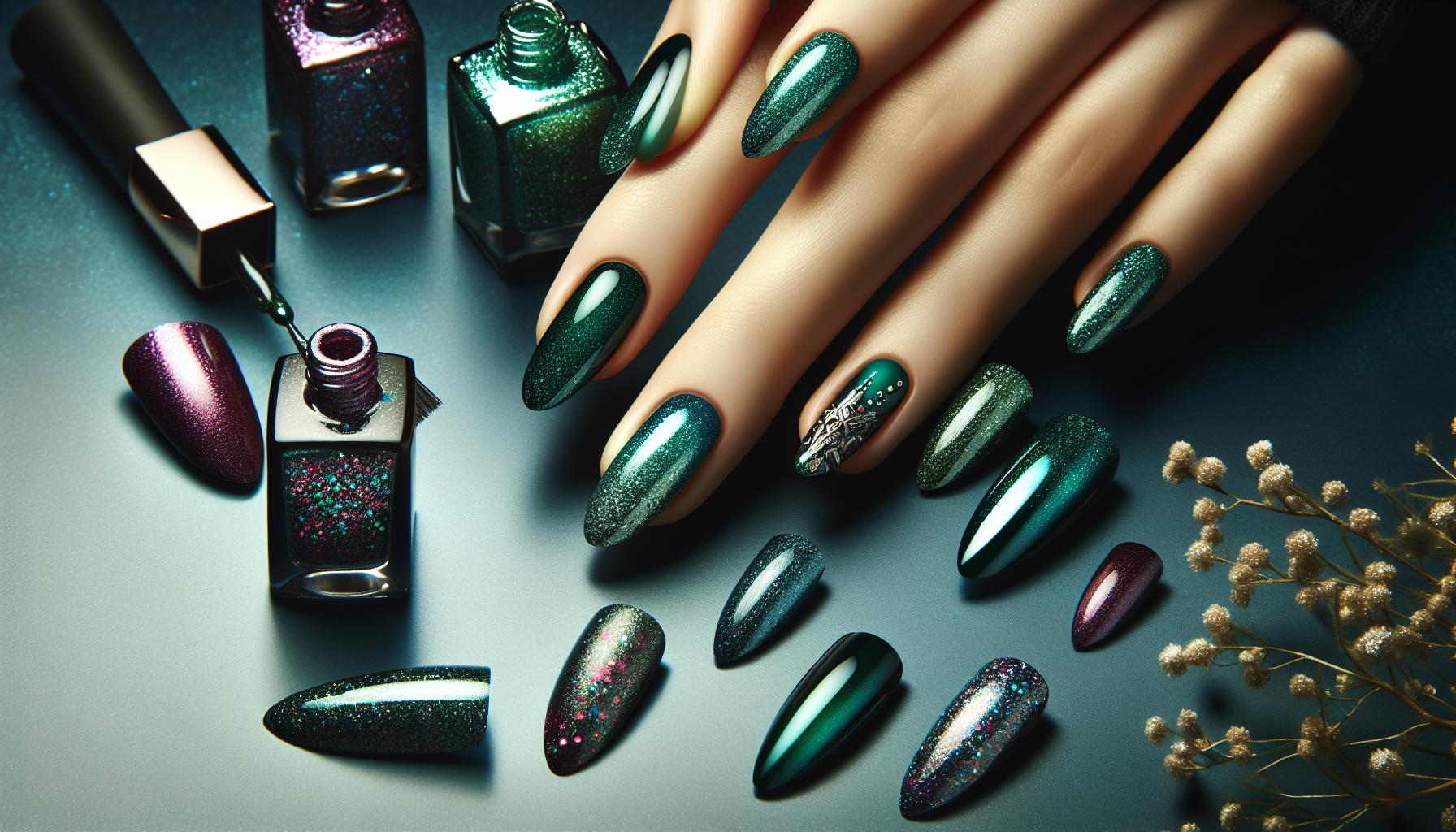 Mystical Glitter Gradient in Deep Emerald for Enchanting Fall Nights
