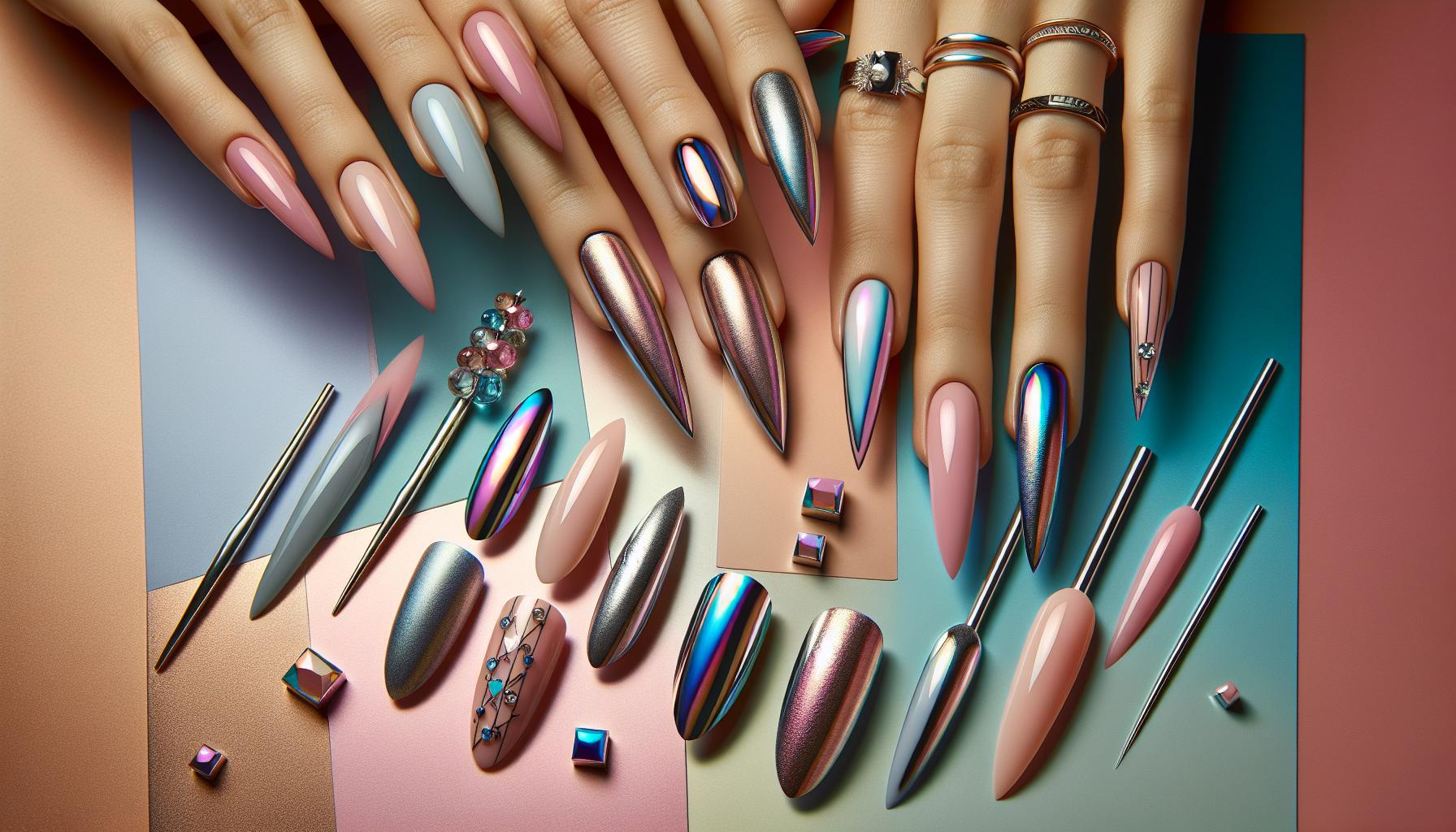 Pastel Chrome⁣ Stiletto Nails for a Chic and Playful Touch