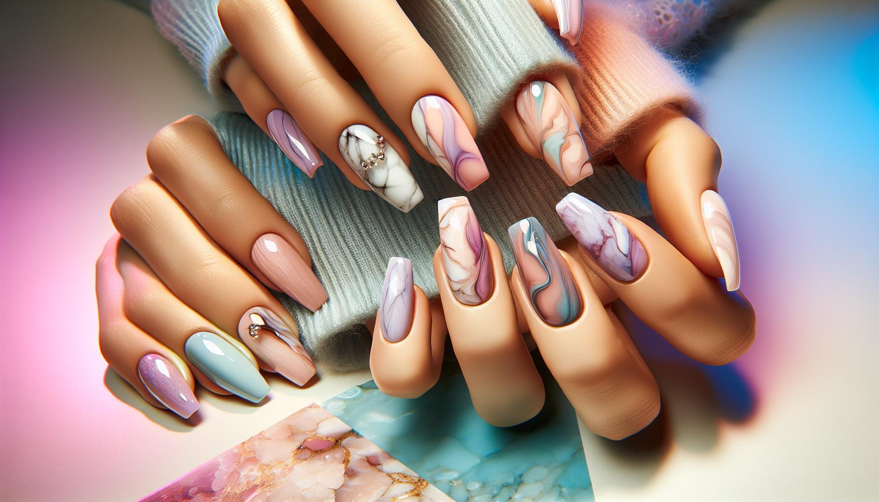 Pastel Marble Effect Gel Nails with a Soft Glossy Finish for a Dreamy Spring Look