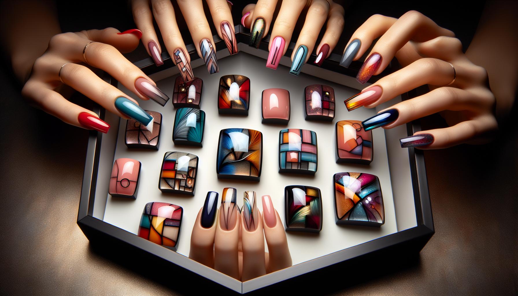 Playful Abstract Shapes on Glossy Square Nails for a Contemporary Edge