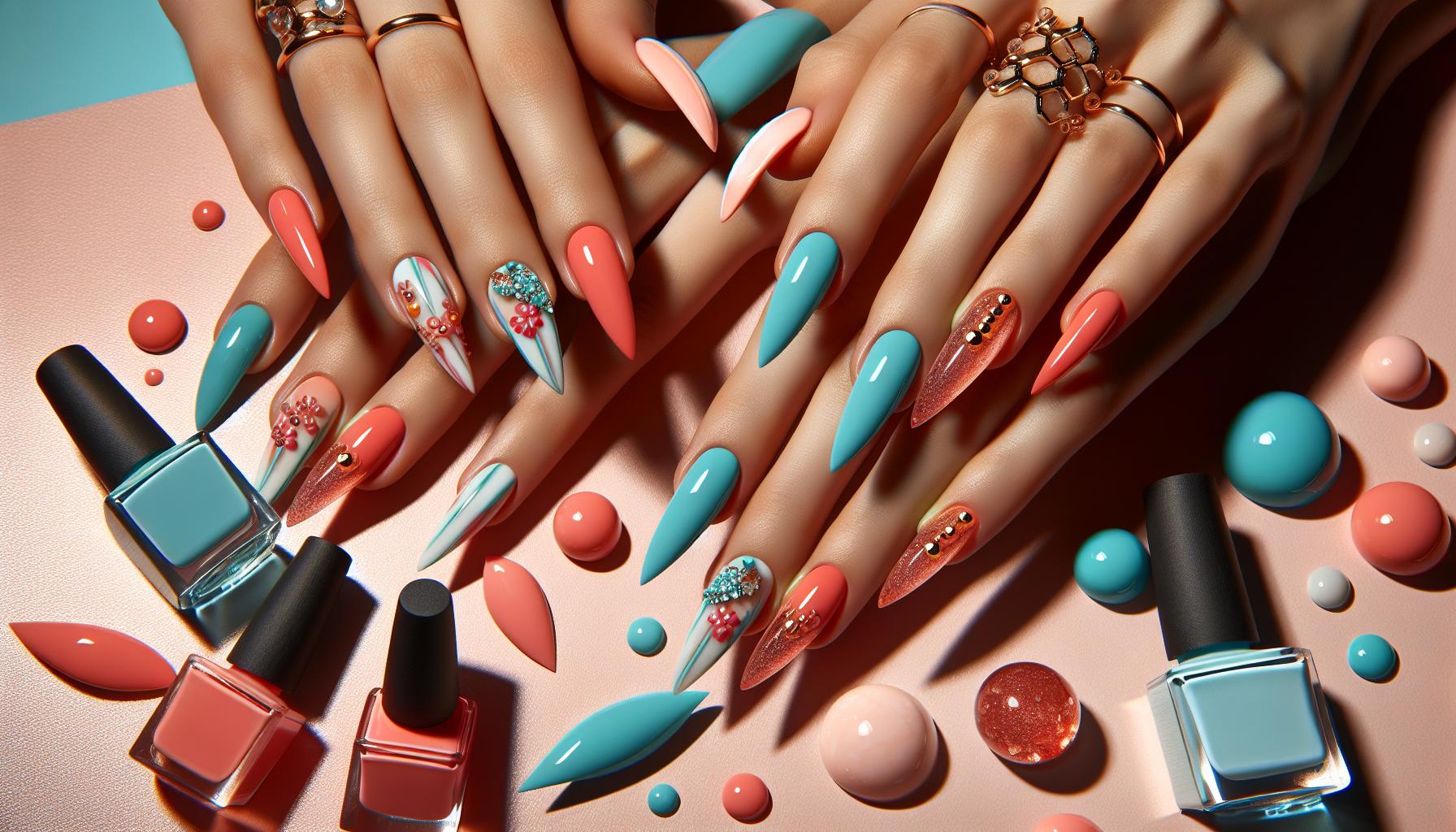 Playful Almond-Shell Acrylics⁢ in Coral and ⁤Turquoise for a Tropical Escape