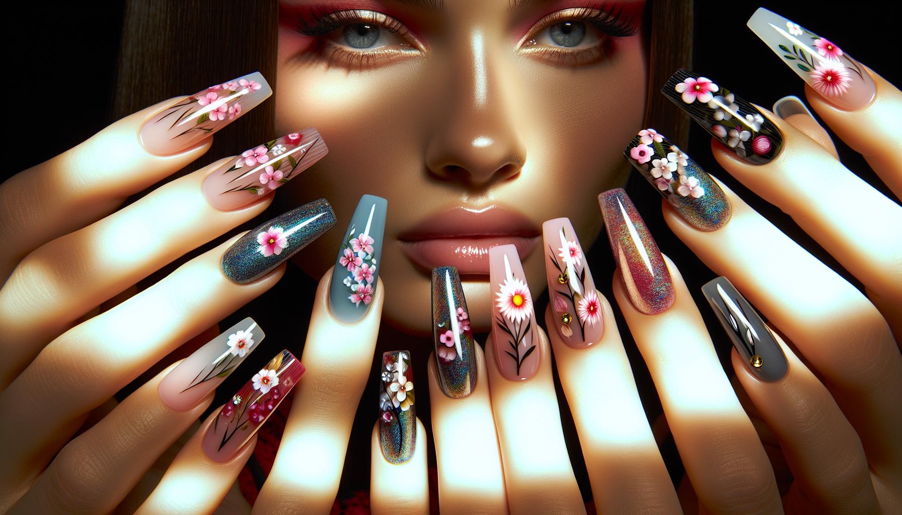 Playful Floral Motifs with glossy Finish on coffin Nails to Embrace Spring Vibrancy