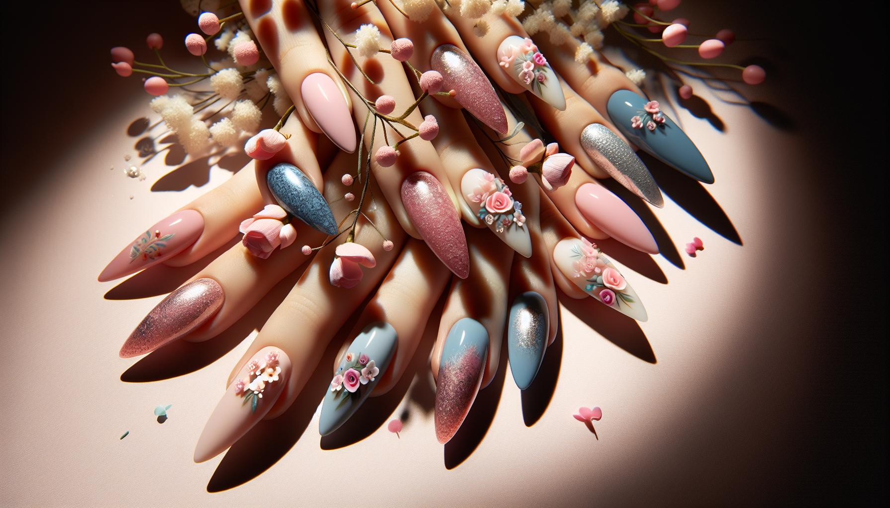 Playful Pastel Dip Powder Almond Nails with Dreamy Floral Accents