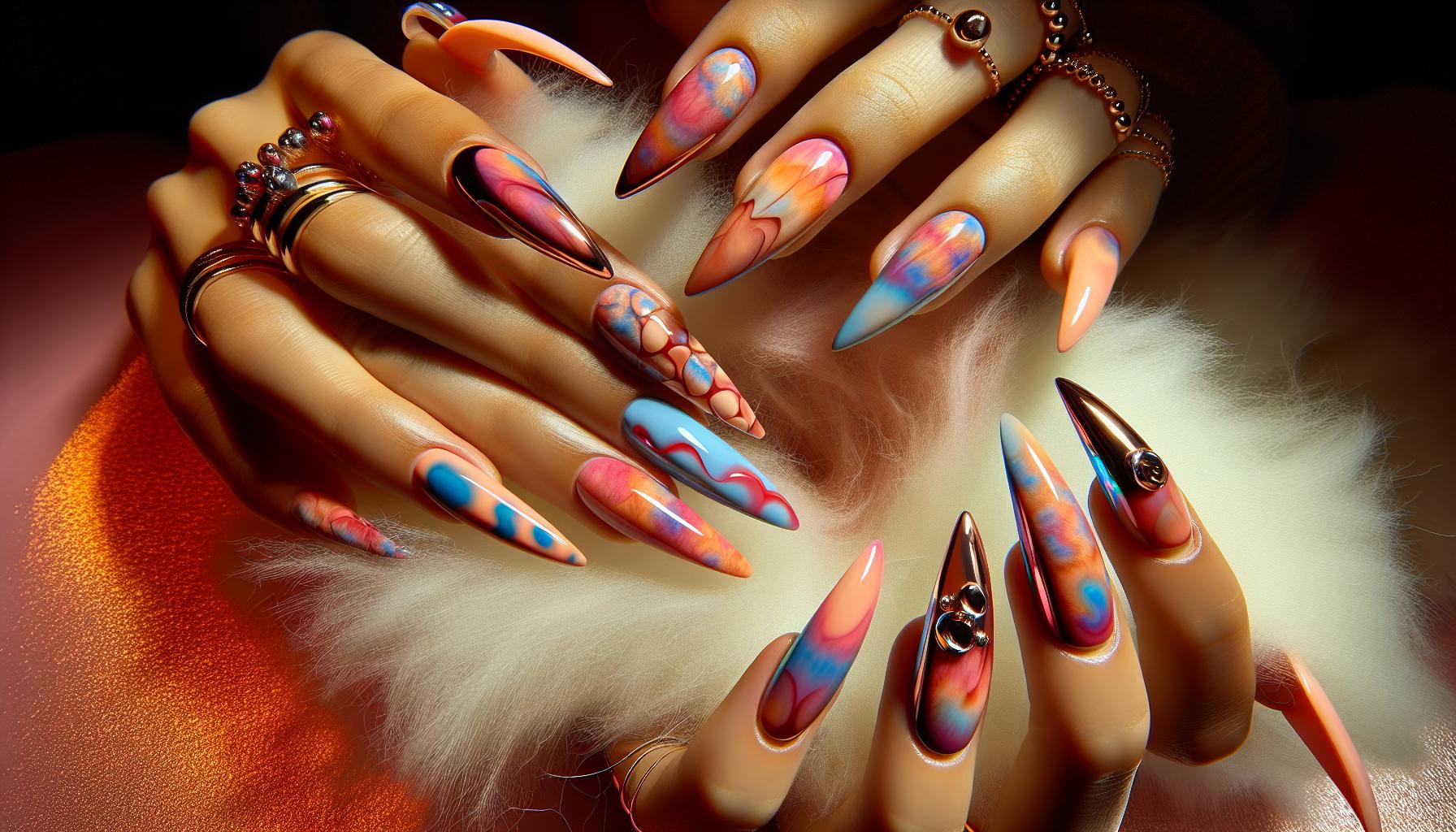 Playful Tie-Dye Effects on Almond Nails in Sunset Hues to Embrace the Season's Spirit