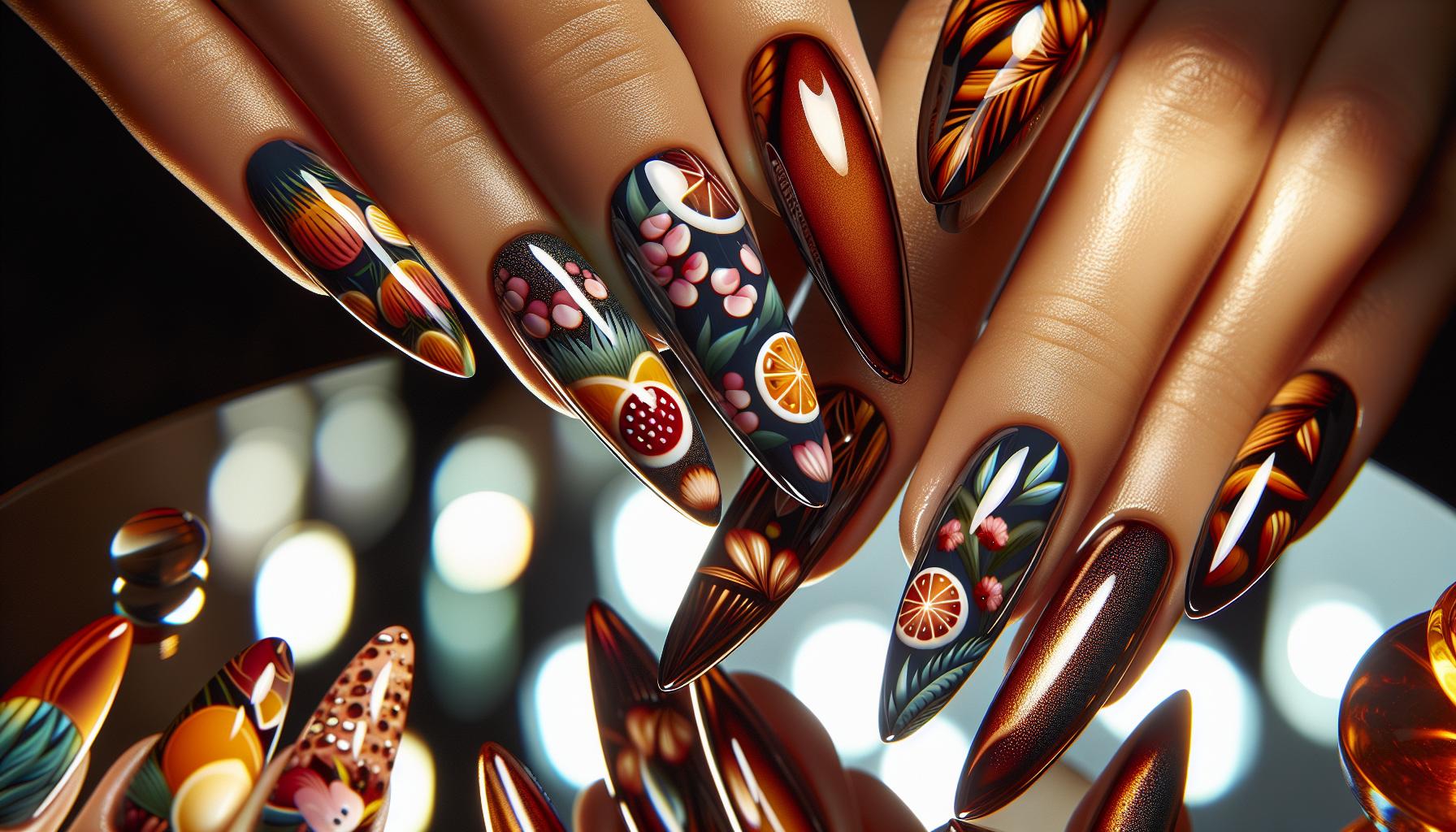 Playful Tropical Fruit patterns on Glossy Almond Nails