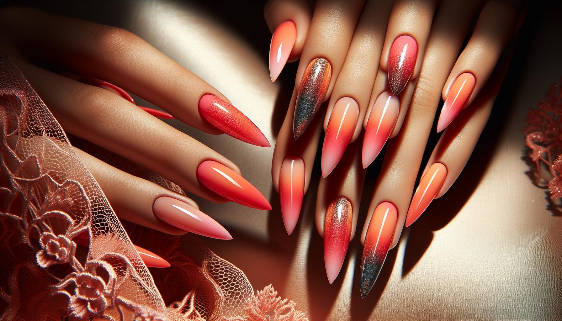 Radiant Coral Ombre Stiletto Nails for a Chic Summer vibe
