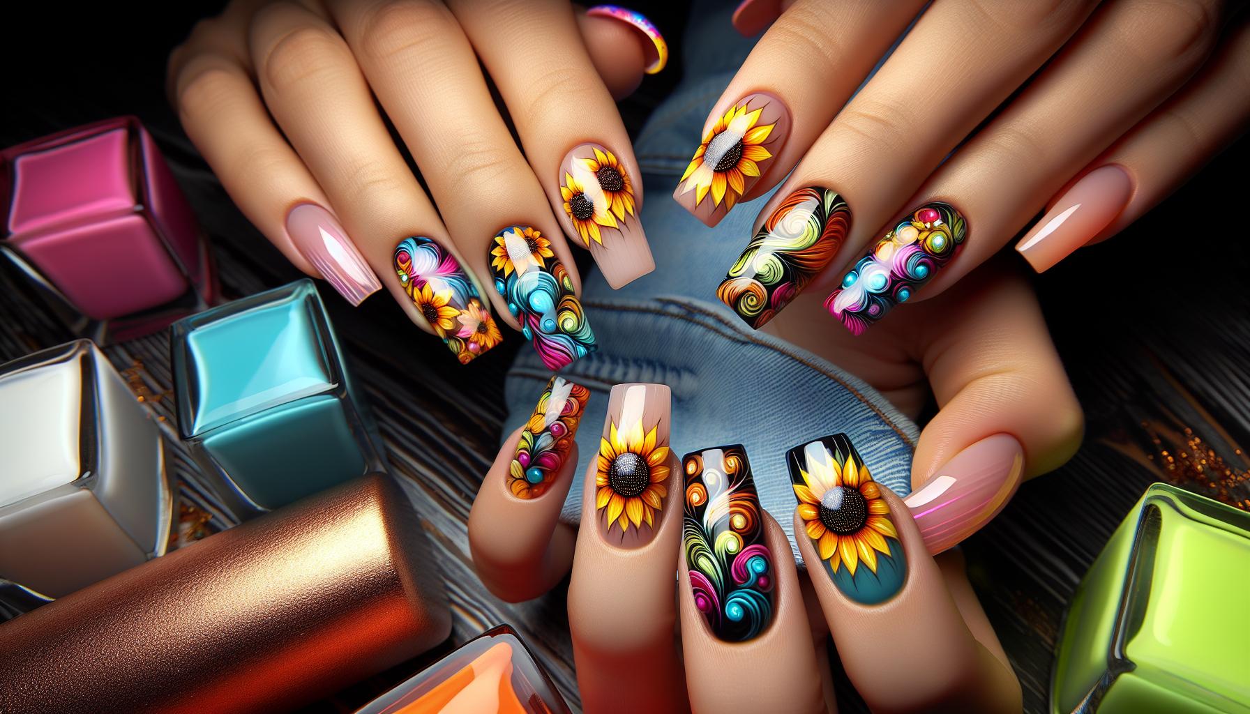 Radiant Neon Sunflower Swirl Designs on Short Nails That Brighten Up Any Outfit