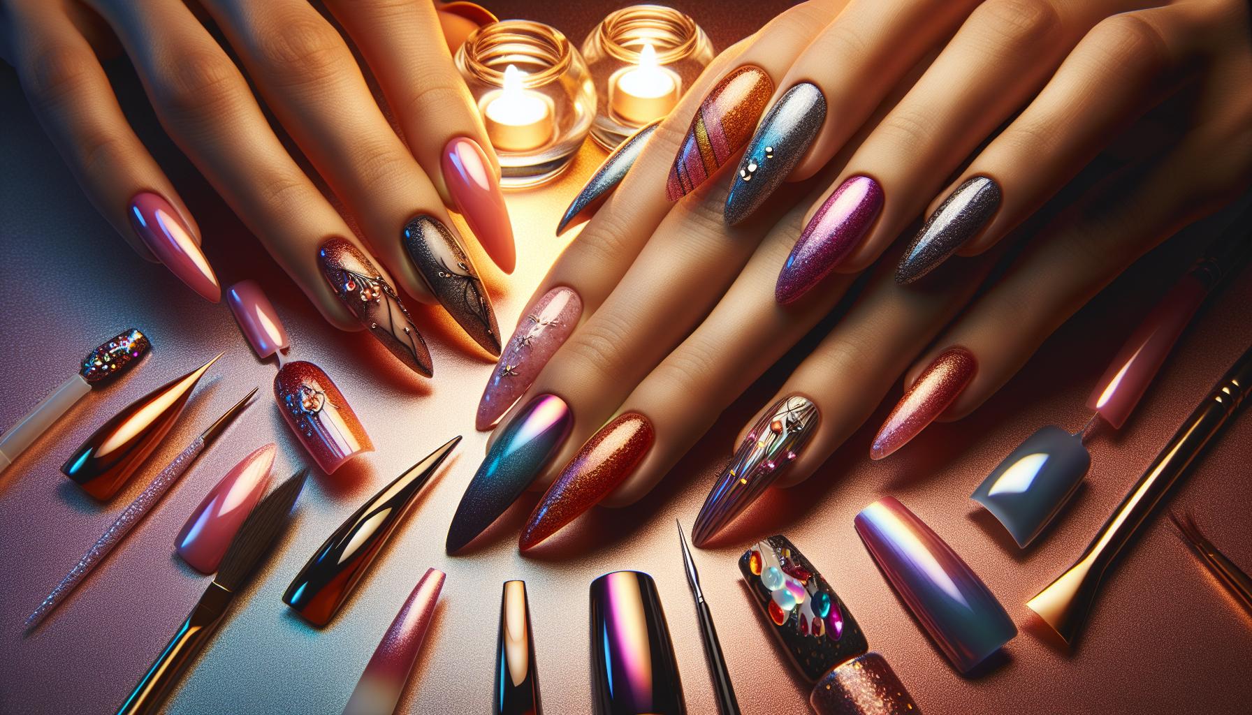 Radiant Sunset Gradient Nails with Shimmering Accents to Capture Enchanting Vibes