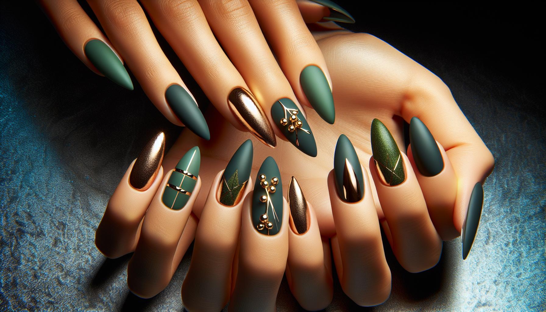 Rich Hunter Green Matte Almond Nails with Bold gold Accents