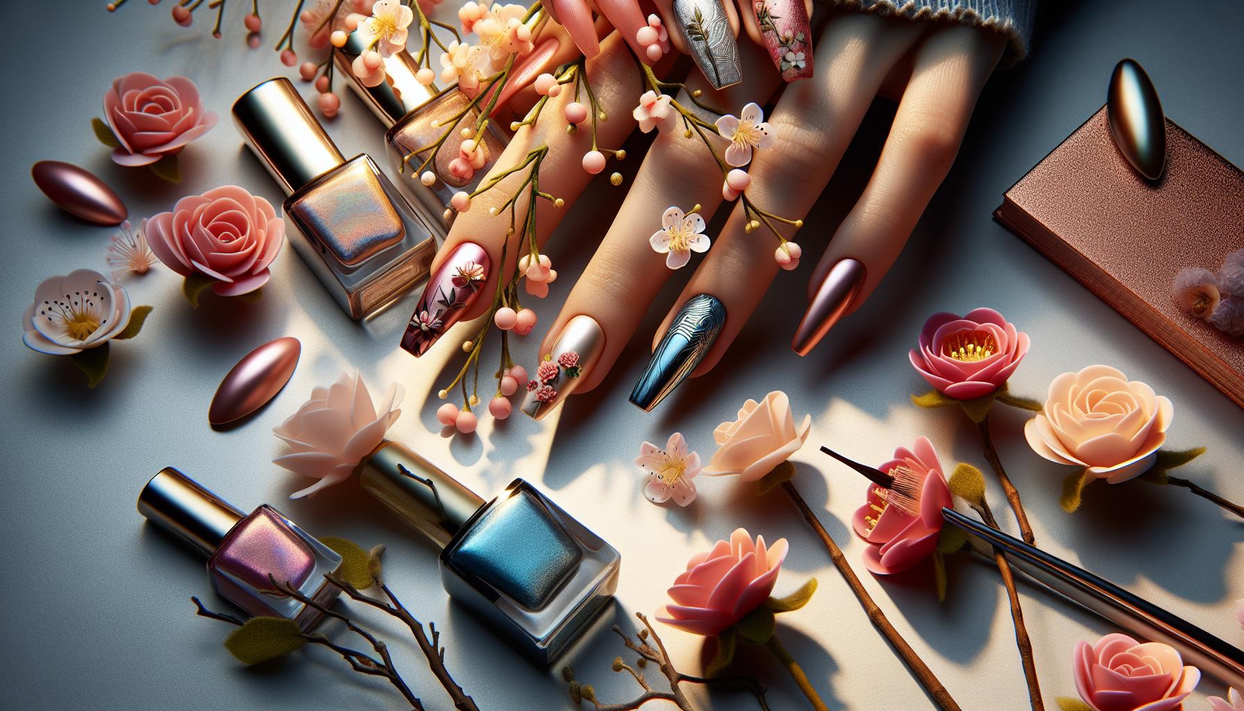 Romantic Floral Acrylics: Delicate Blossoms on a Glossy Canvas