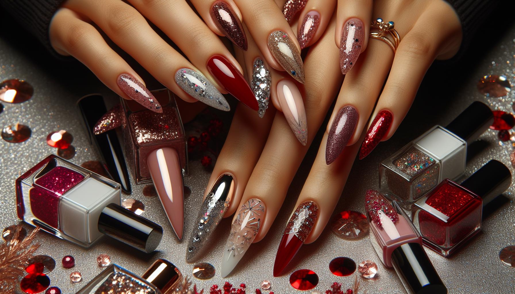 Romantic French Tips in Deep Red and shimmering glitter for Timeless Glamour