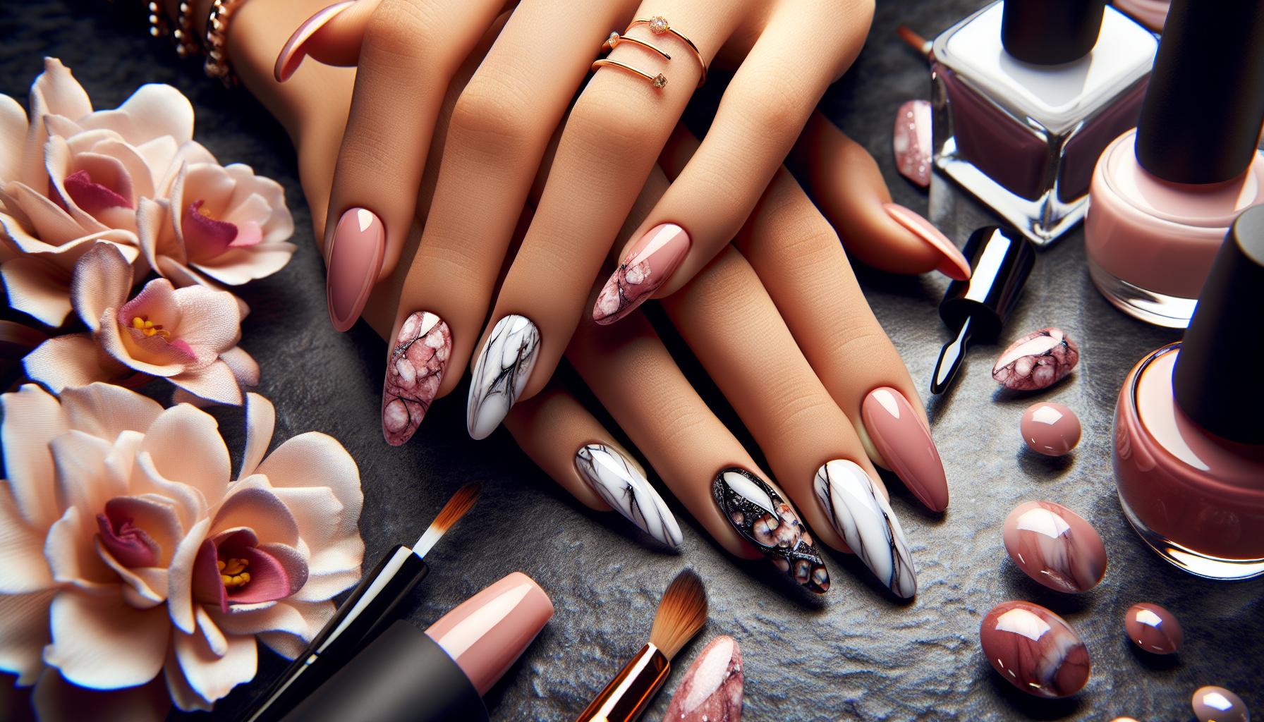 Romantic Marble effect Almond Nails with Soft Pink and White Tones for Effortless Grace