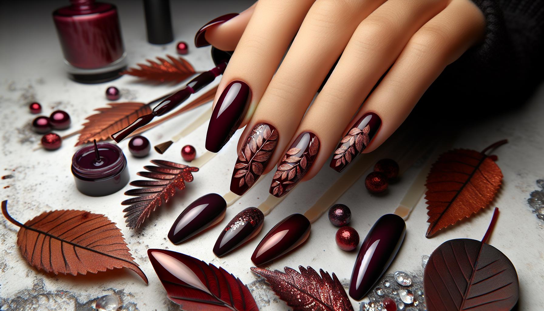 Rustic Autumn-Inspired Deep Burgundy Nails with Textured Leaves