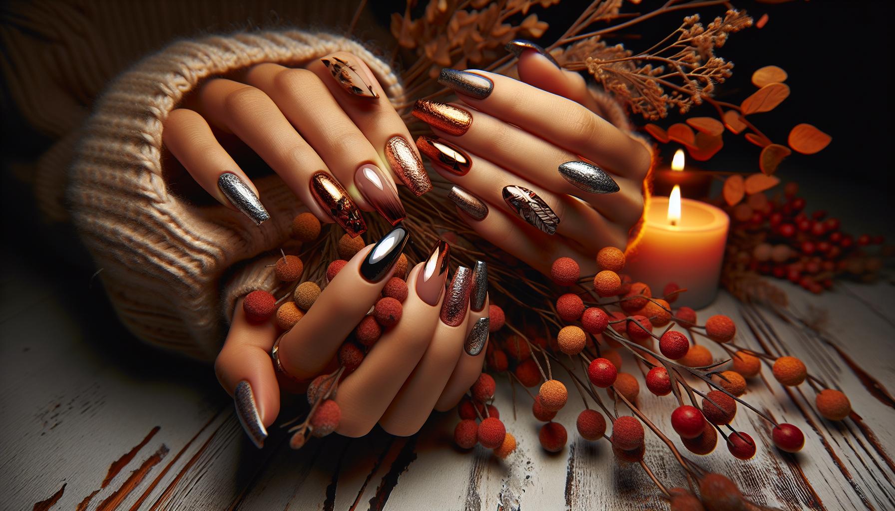 Rustic Earthy Tones in Textured Coffin Nails with Natural Elements for Autumn Vibes