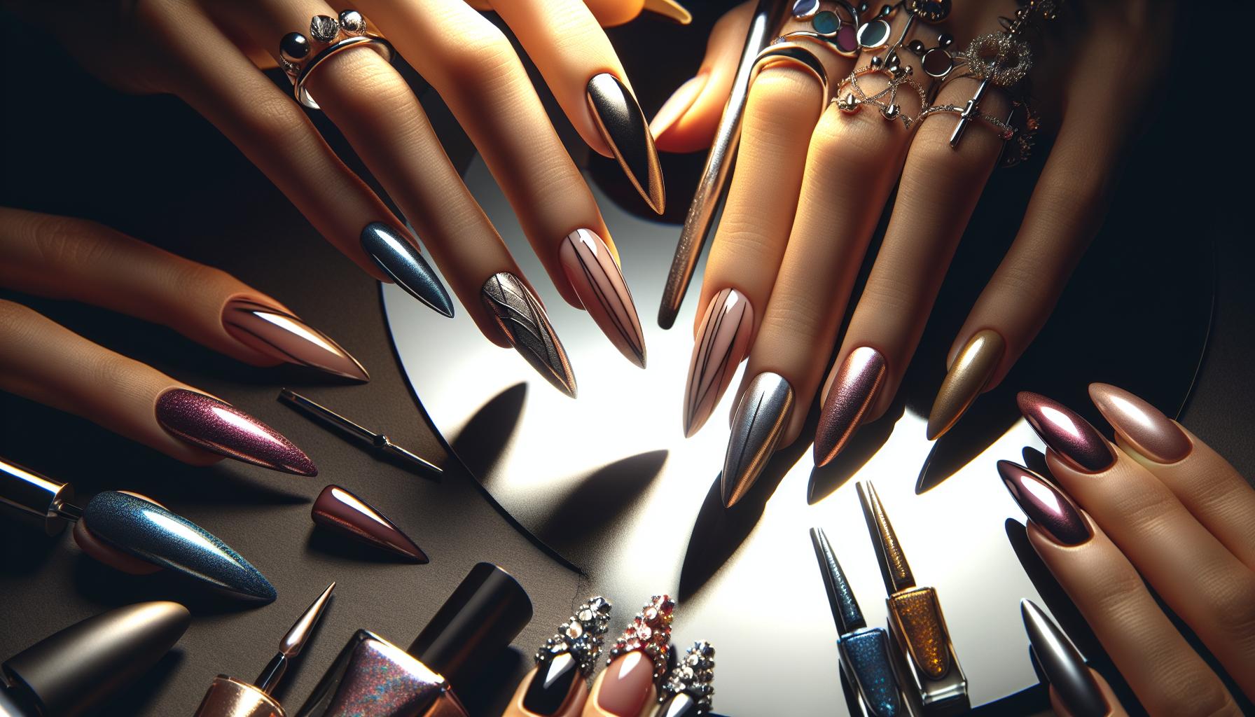 sleek Abstract Line Art Stiletto Nails with Minimalist Metallics for a Modern Edge