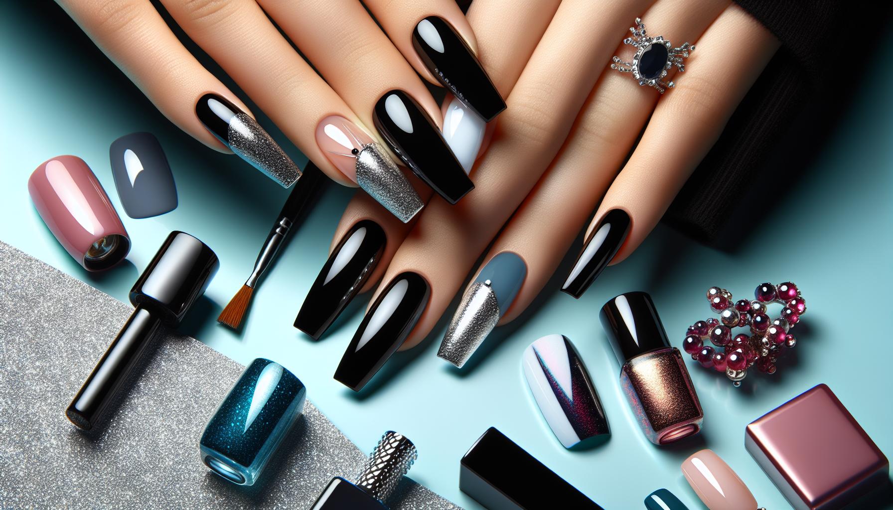 Sleek Black Glossy Square Nails Topped with ⁣Shimmering⁤ Silver French Tips