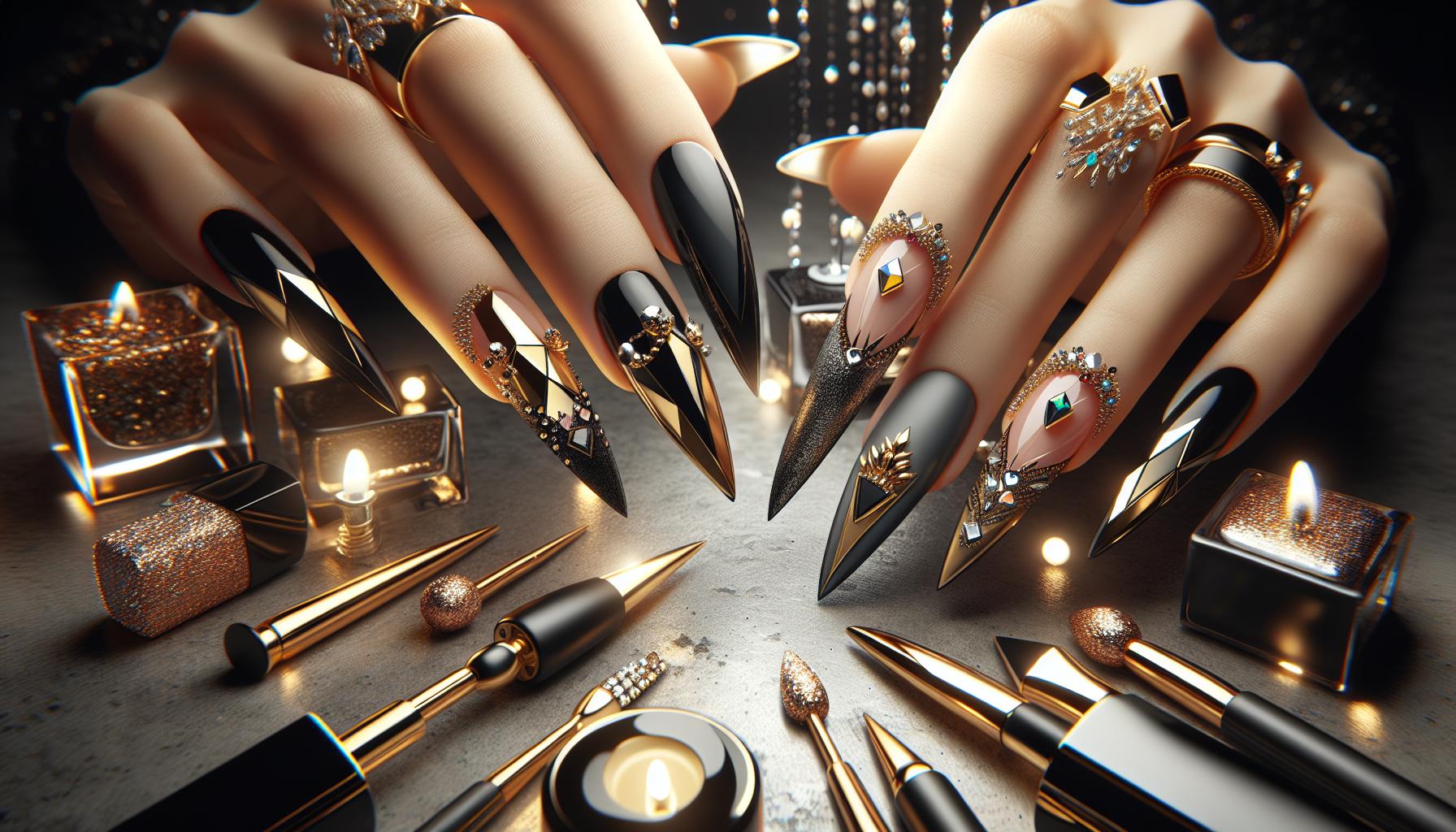Sleek Black and gold Stiletto Nails Enhanced by Dazzling Geometric Accents
