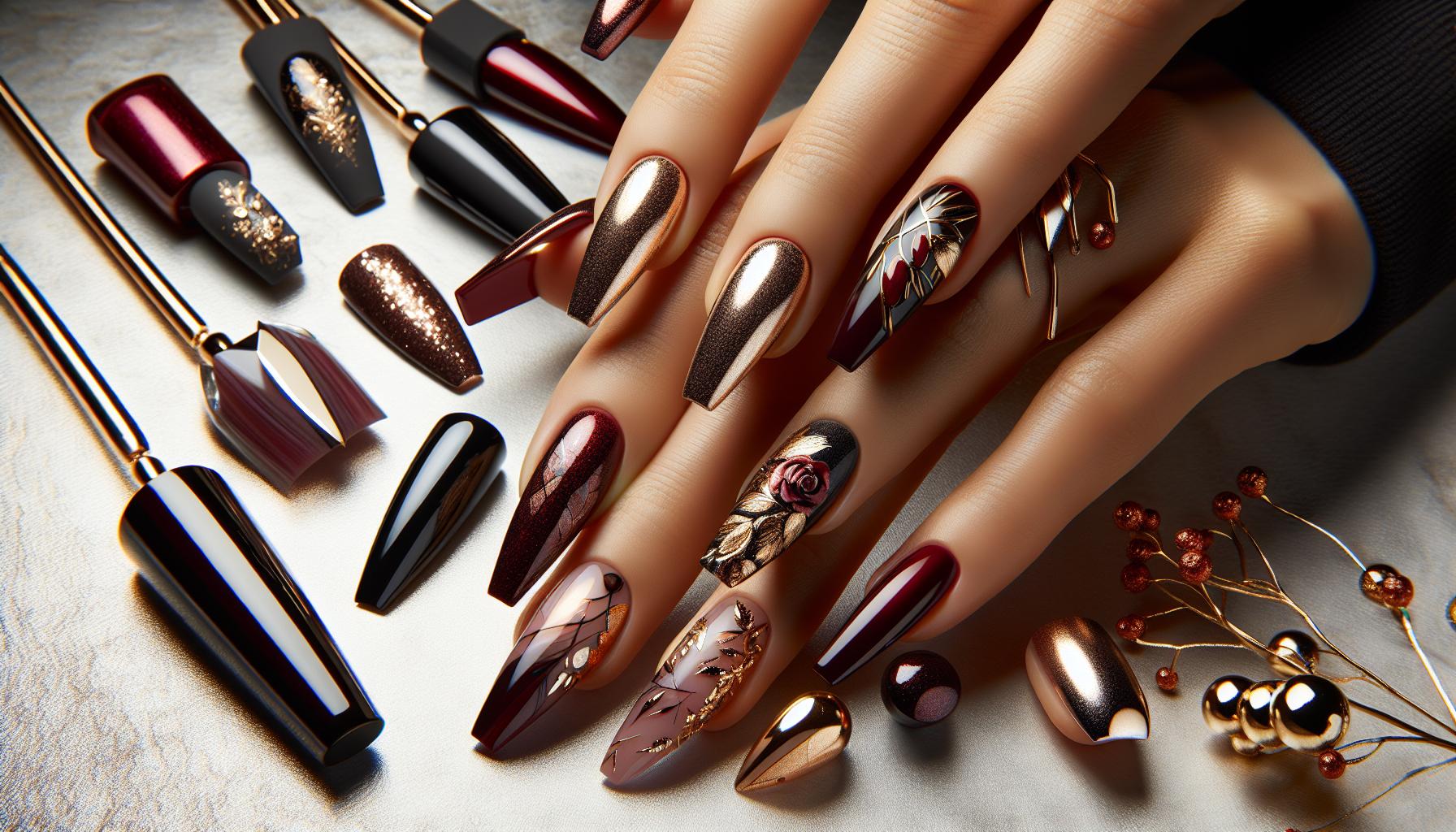 Sleek Coffin Styles Drenched in Rich Burgundy and Dazzling Gold Foil for an Elegant Vibe