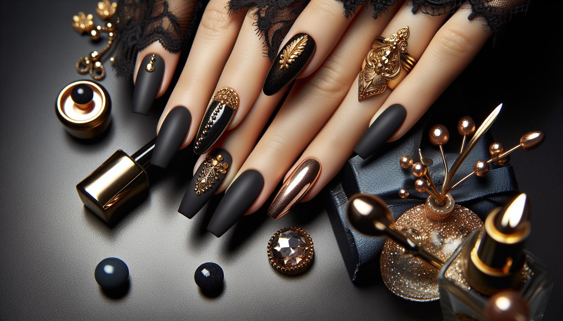 Sleek Matte Black Coffin Nails Adorned with Vintage Gold Accents for Chic Sophistication