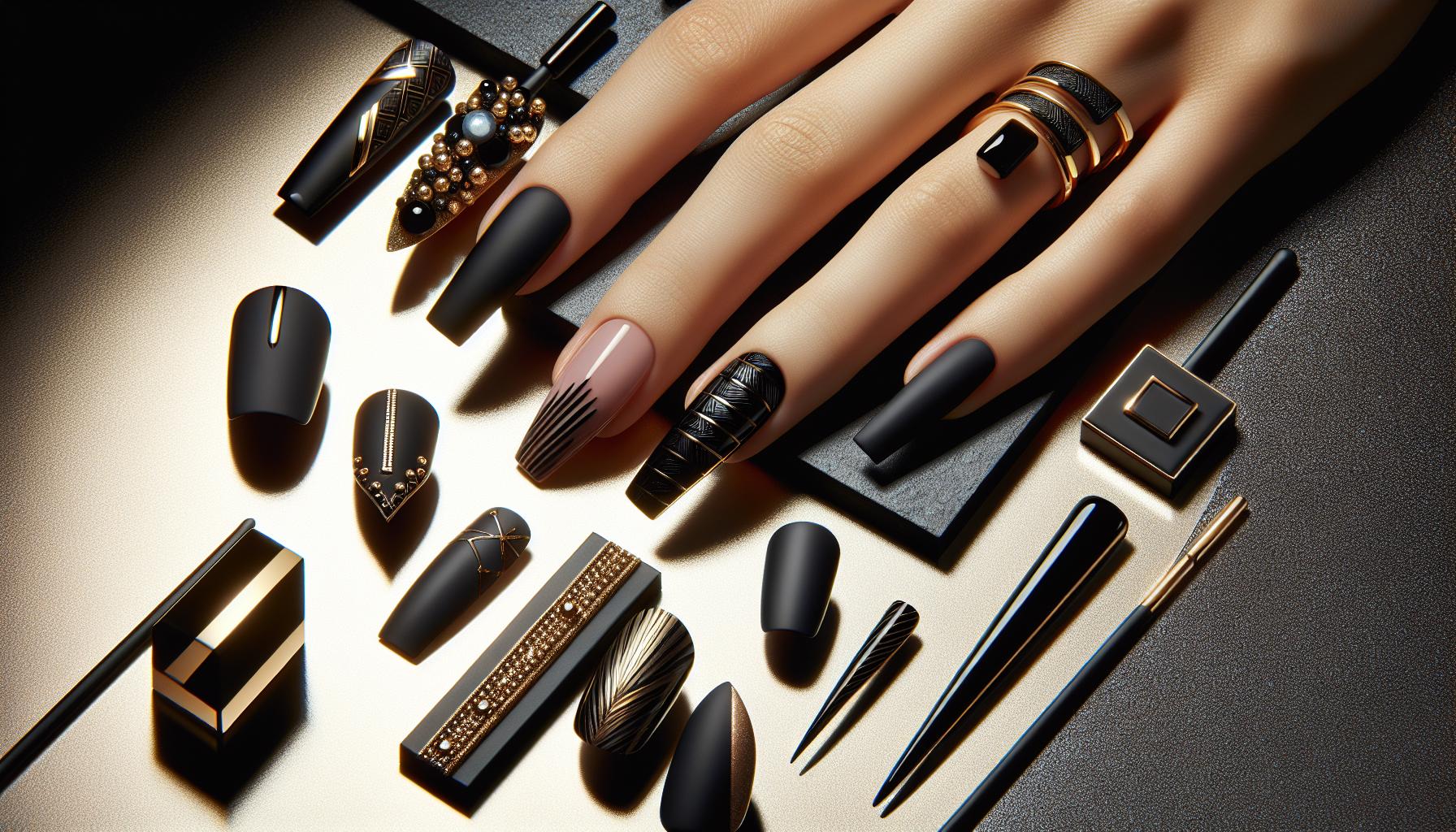 sleek ⁣Minimalist Lines with Subtle Gold‍ Accents ​on matte Black Square Nails for Effortless Chicness