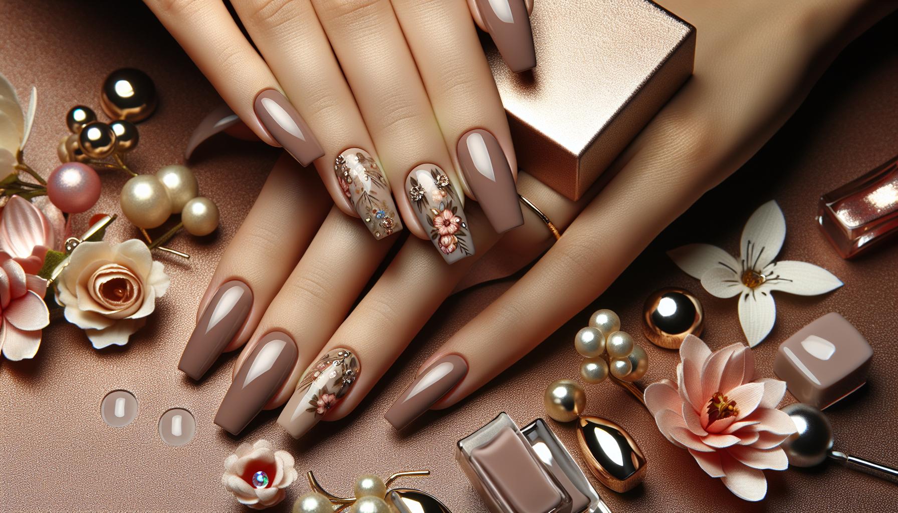 Sleek Satin Taupe Nails with Dainty Floral Nail Art for a Chic Ensemble
