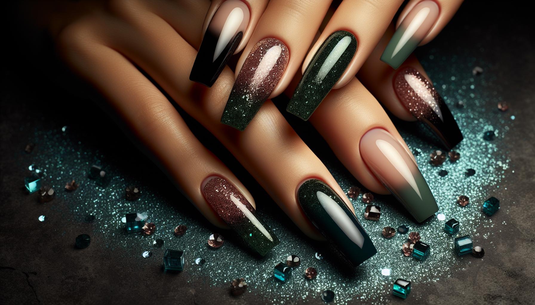 Sleek Square French Tips Encased in Dark Green Glittering Delight