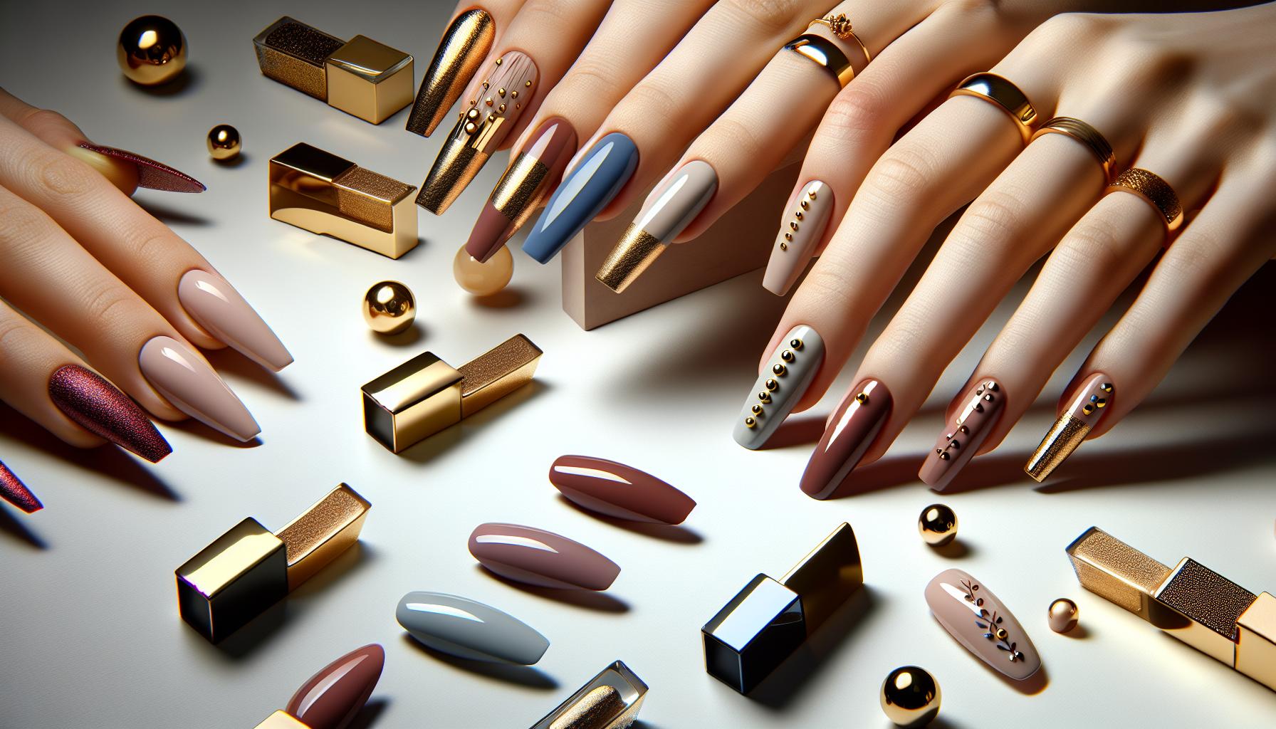 Sleek⁣ Square Nails Adorned with Minimalist Gold‍ Dots for Effortless Style