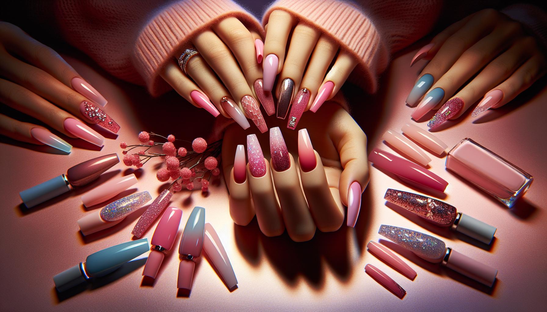 Soft Pink Gradient Coffin Nails with Shimmering Glitter for a Romantic and Delicate Appeal