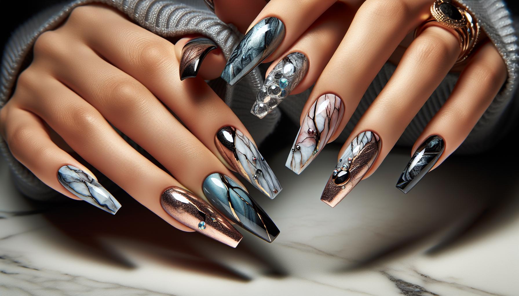 Sophisticated Marble Designs with Metallic Veins on Coffin Nails for Luxe Occasions