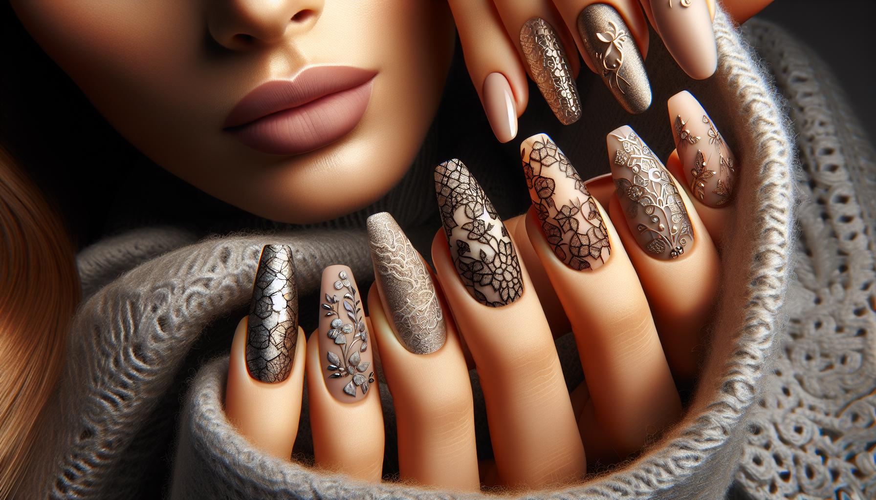 Sophisticated Matte Almond Nails Featuring Delicate Lace Patterns for Timeless Romance