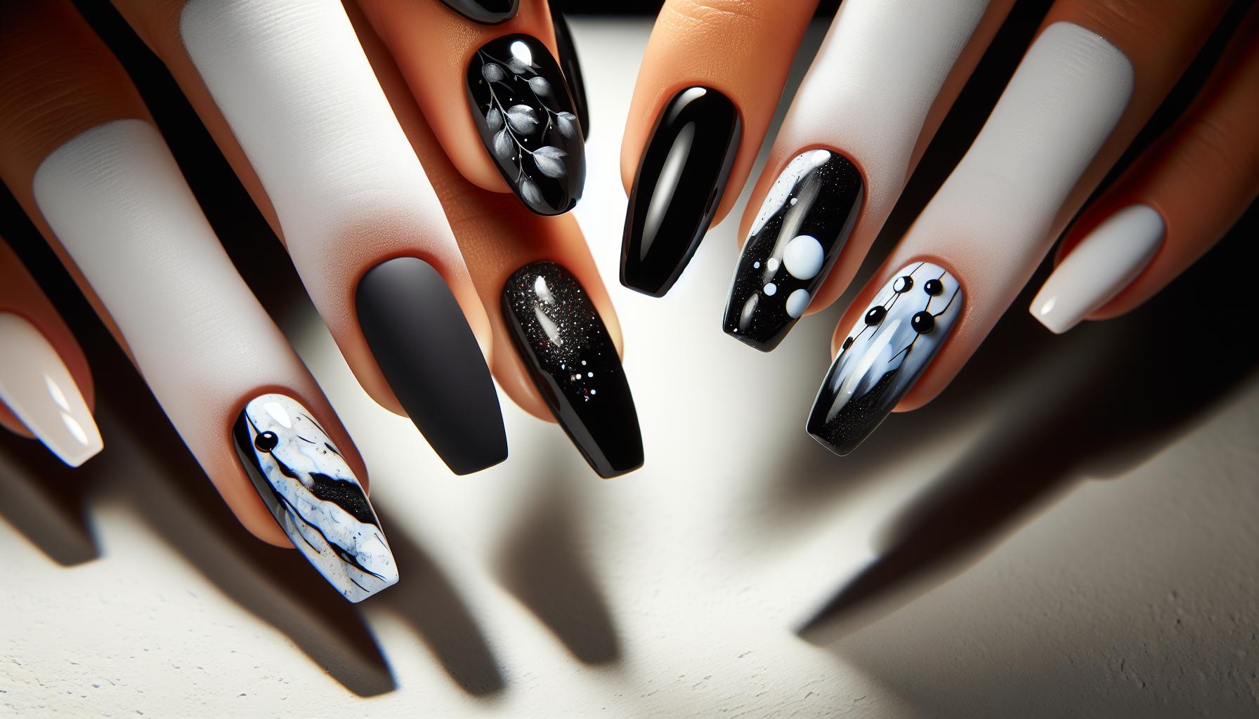 Sophisticated ⁢Matte Black Nails ⁤with Glossy Classic White Splashes