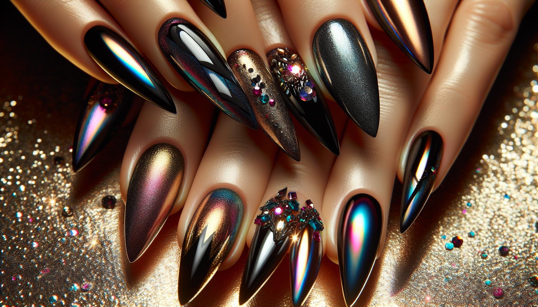 Sophisticated‌ Metallic Black Stiletto ⁢Tips ⁤with Lush Jewel Tones
