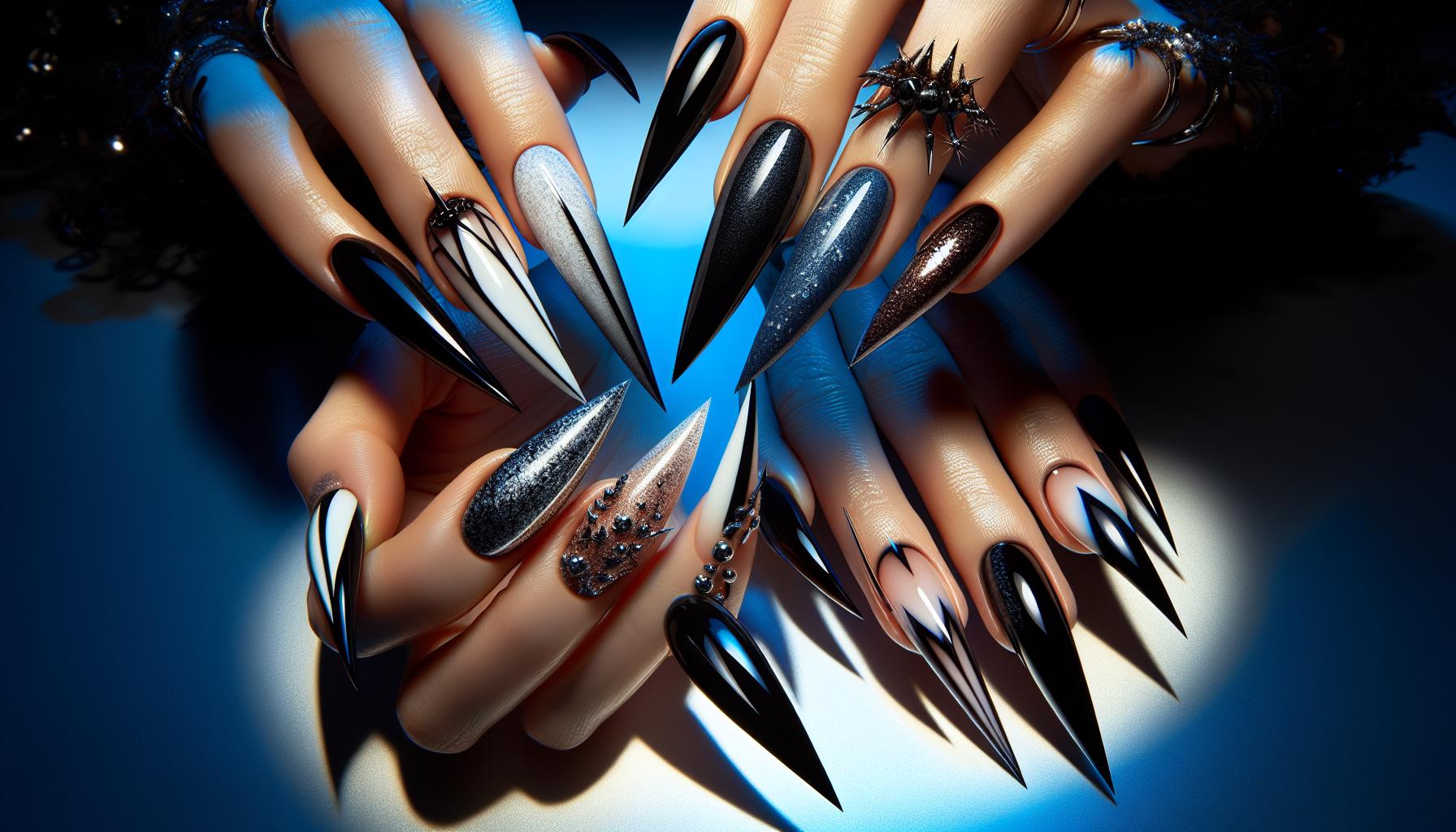 Striking Black and White Abstract Art on Long, Sharp Stiletto Tips for an Edgy Look