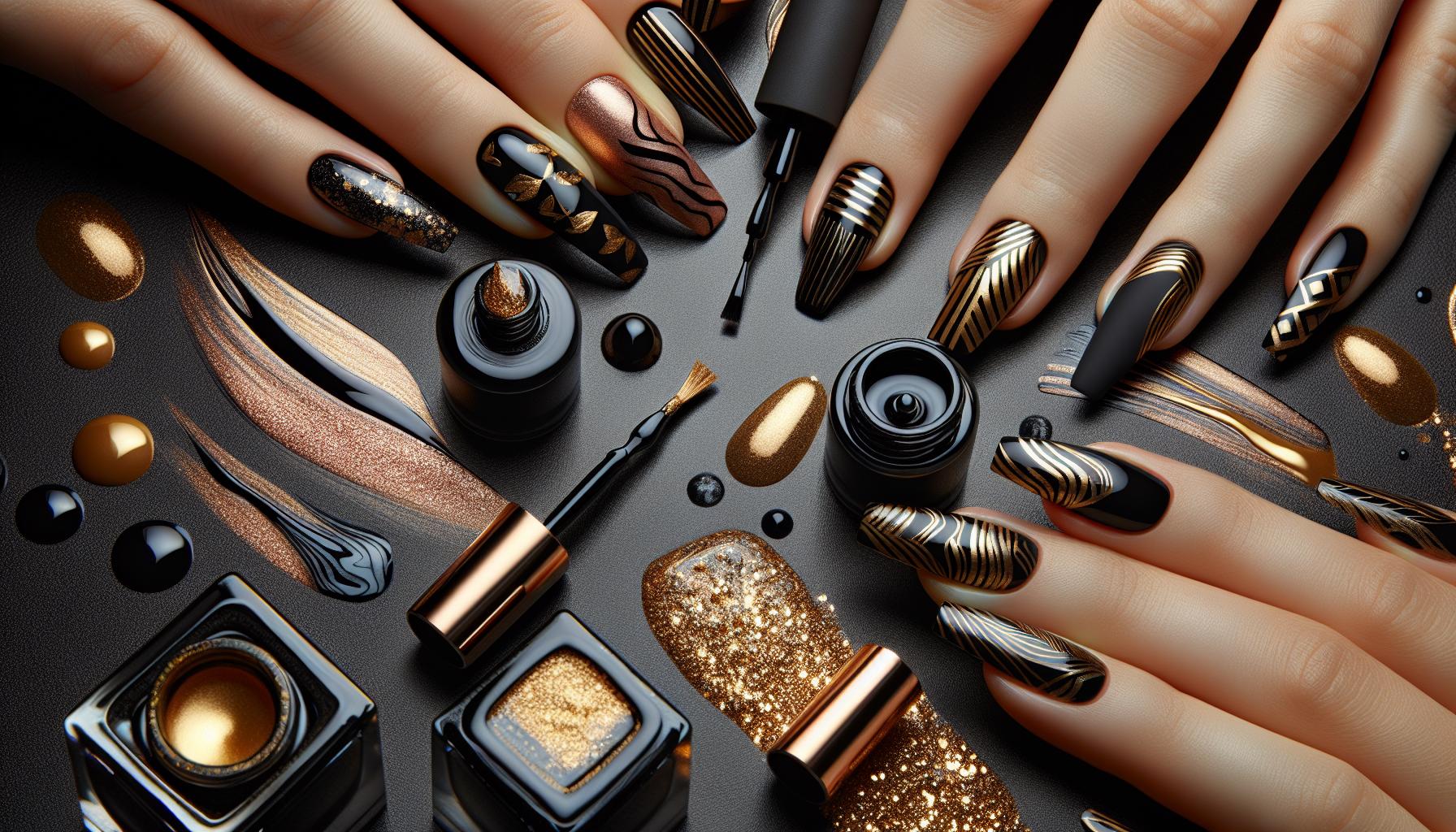 Striking Dip Powder Designs Featuring Abstract Gold⁣ Stripes on Bold Black