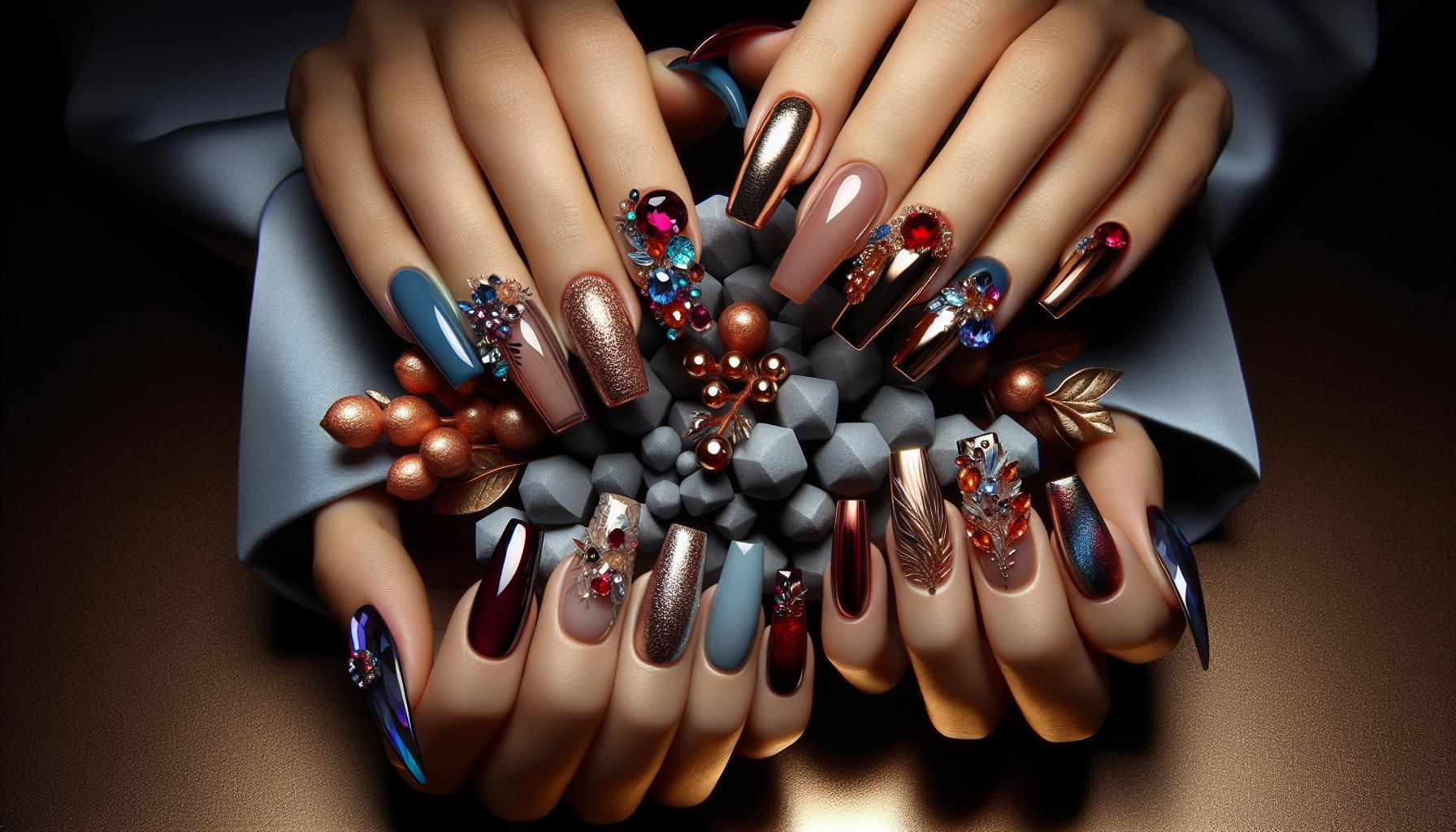 Striking Square Acrylic Nails Decked in Jewel-Toned Gems for Autumn Opulence