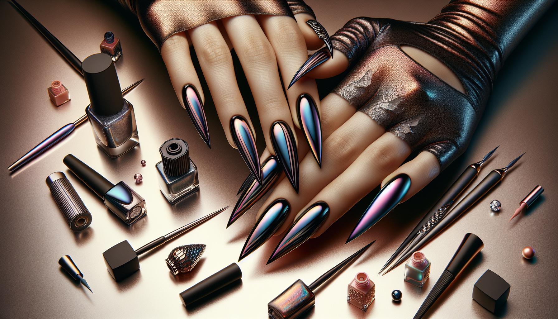 Subtle Holographic Chrome Finish on Stiletto nails for a Futuristic Twist