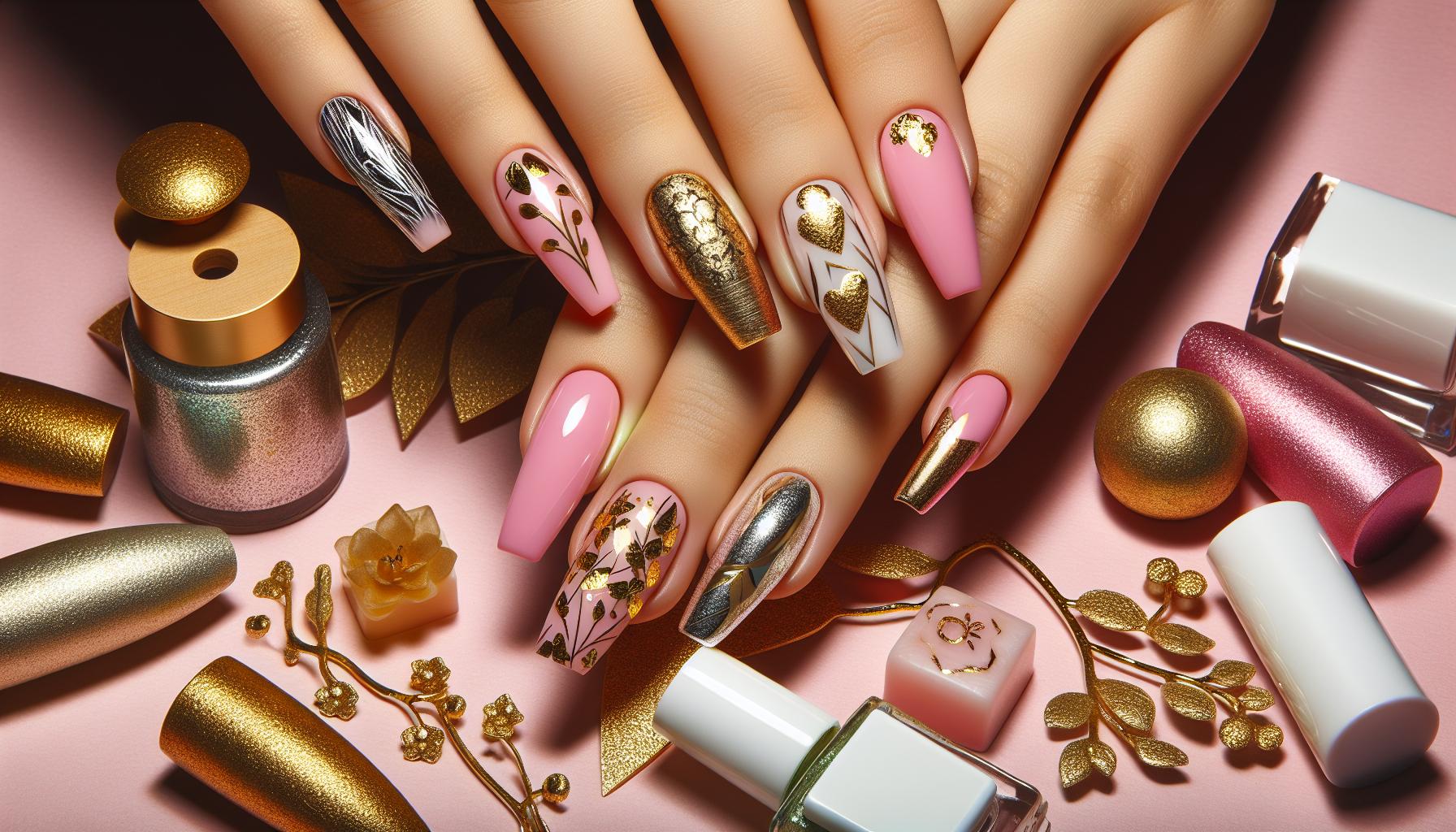 Sumptuous Gold ⁢Leaf Overlays on Dainty Pink‍ Dip Powder Nails for a Luxe Statement