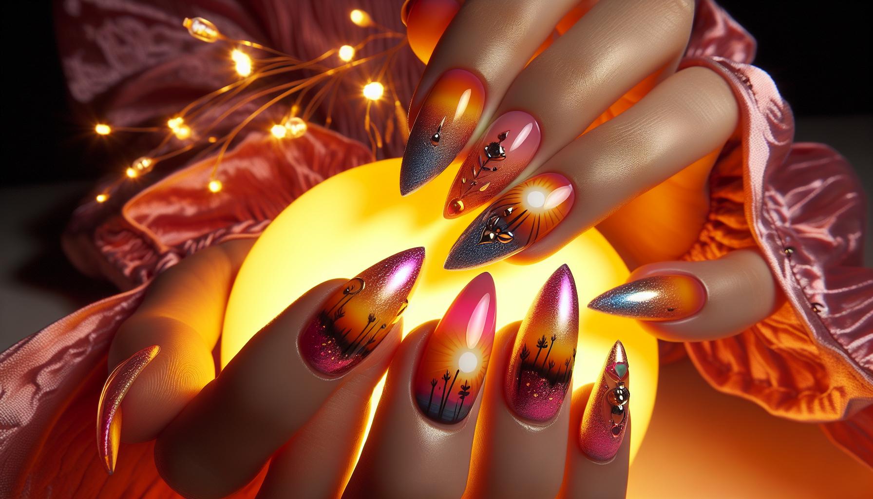 Sunkissed Ombre Almond Nails‍ with​ Warm​ Sunset ​Hues for a‍ Vibrant Summer‍ Vibe