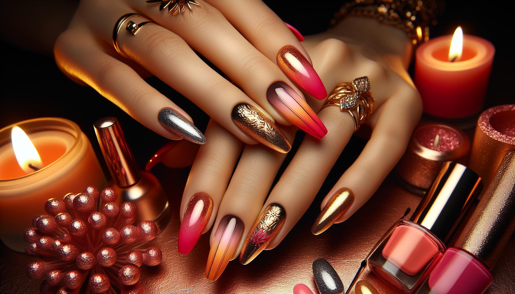 Sunset-Inspired Gradient Dip Powder Nails Featuring Rich gold and Coral