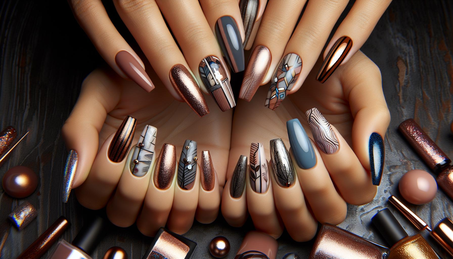 Textured Olive Dip Powder Nails with Artistic Line Detailing