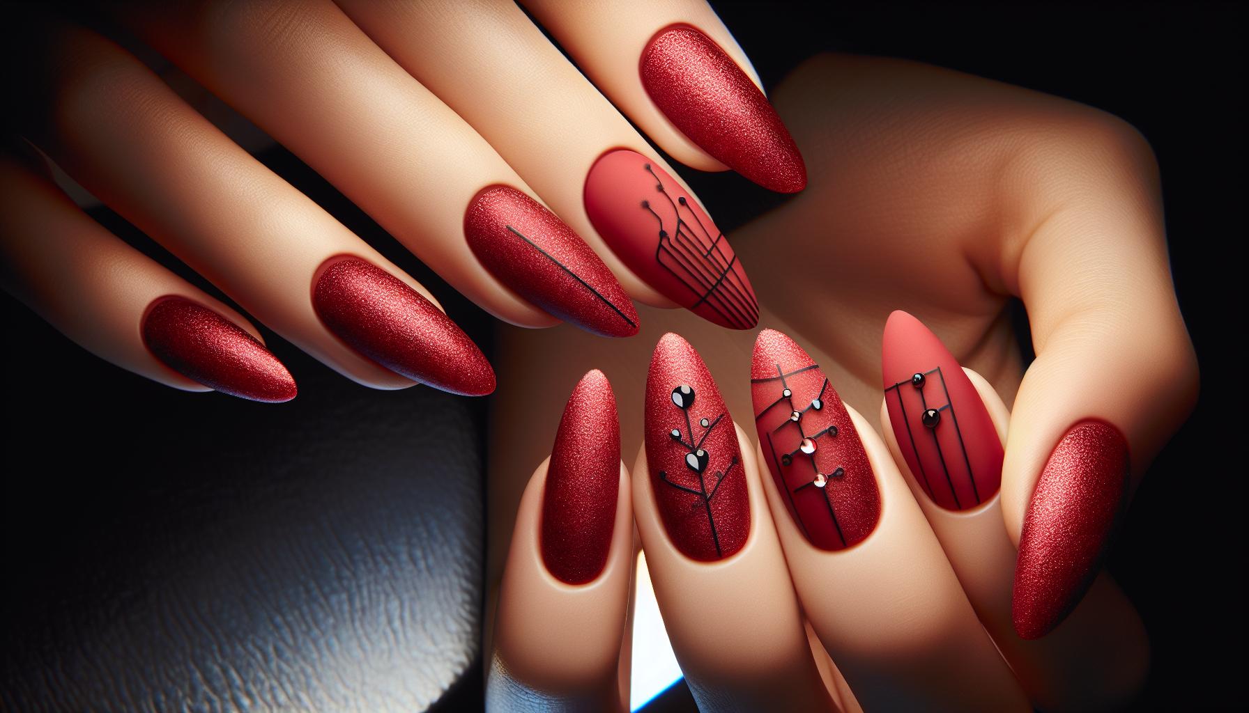 Textured Velvet Finish Red Almond Nails with Minimalist Line Art