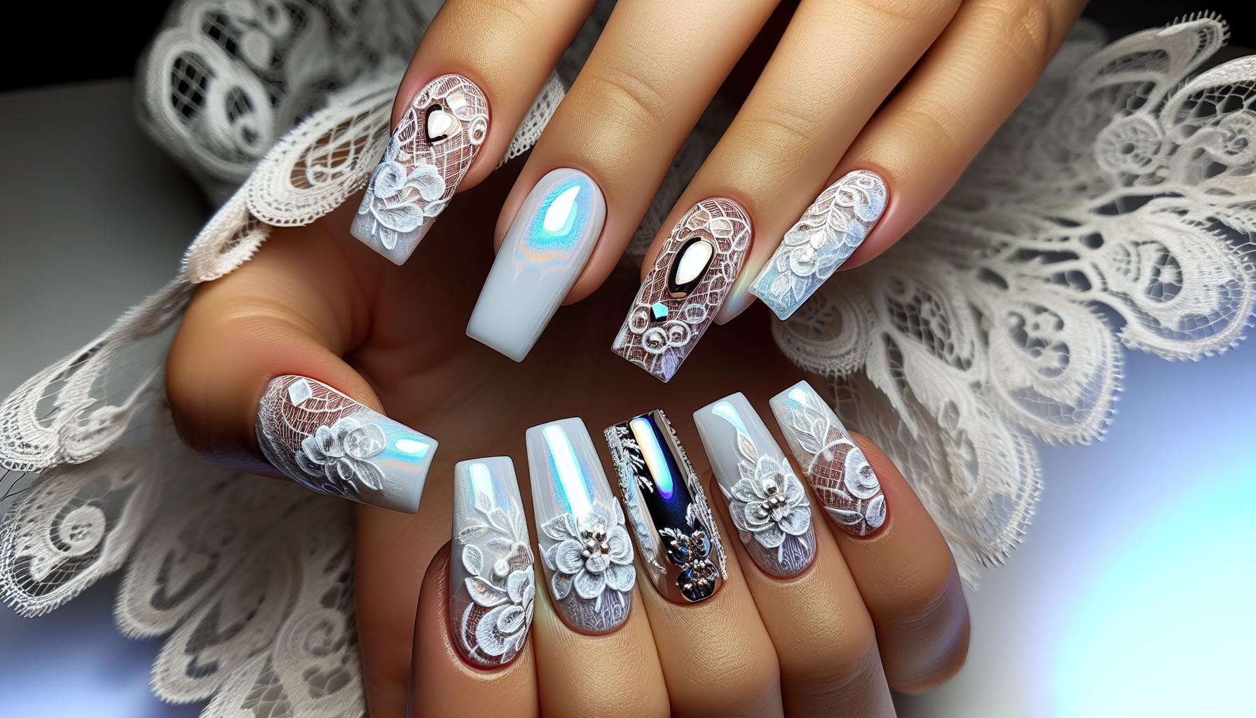 timeless White Chrome Square Nails with Intricate Lace Detailing