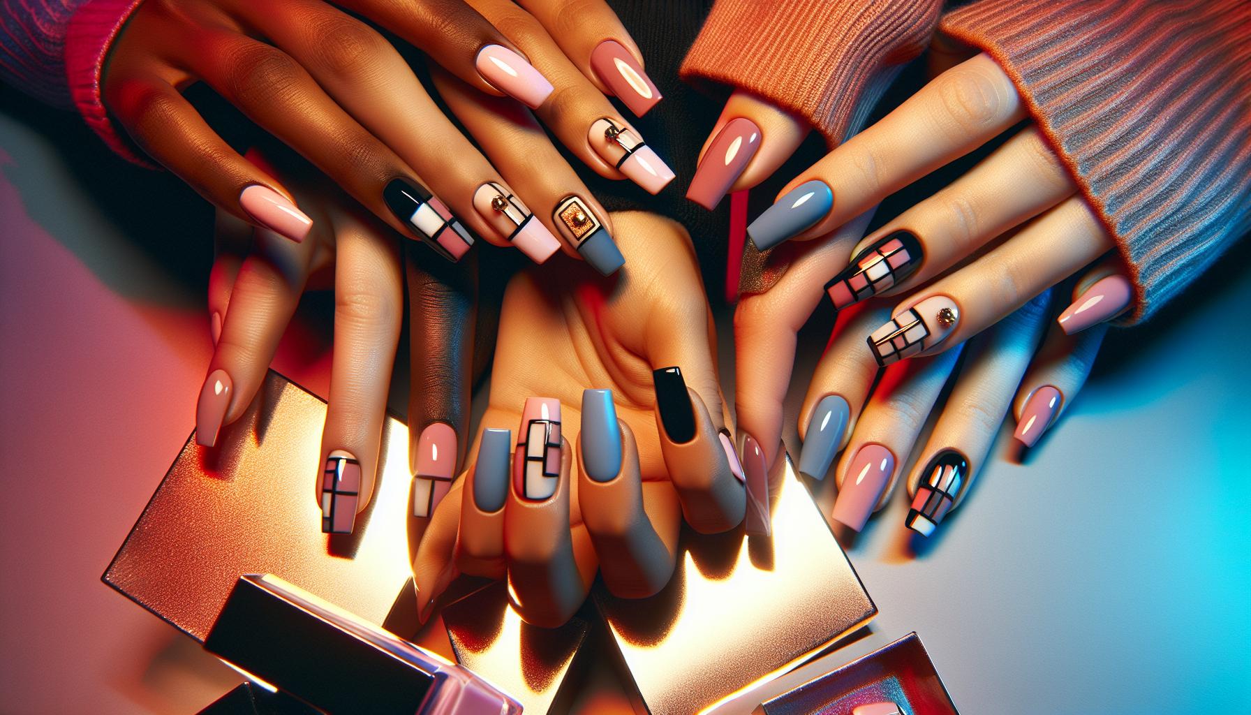 Trendy Square Nails with Geometric Patterns and Velvety Matte Finish for Modern Flair
