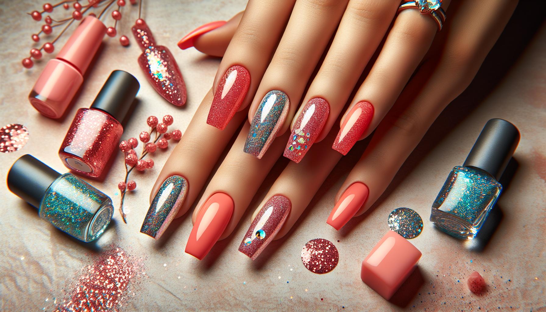 Vibrant Coral Holographic Glitter on Classic Square Nails