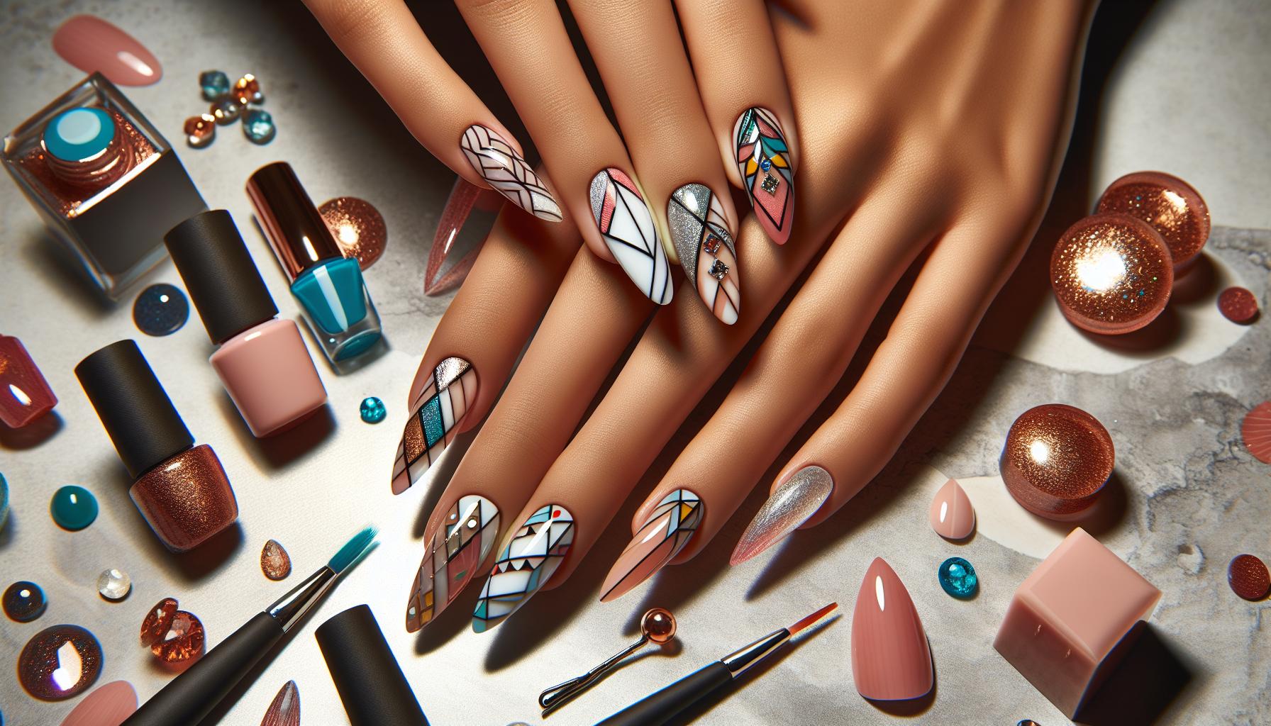 Vibrant Geometric Patterns ⁢on Almond-Shaped Gel Nails for a Modern Twist